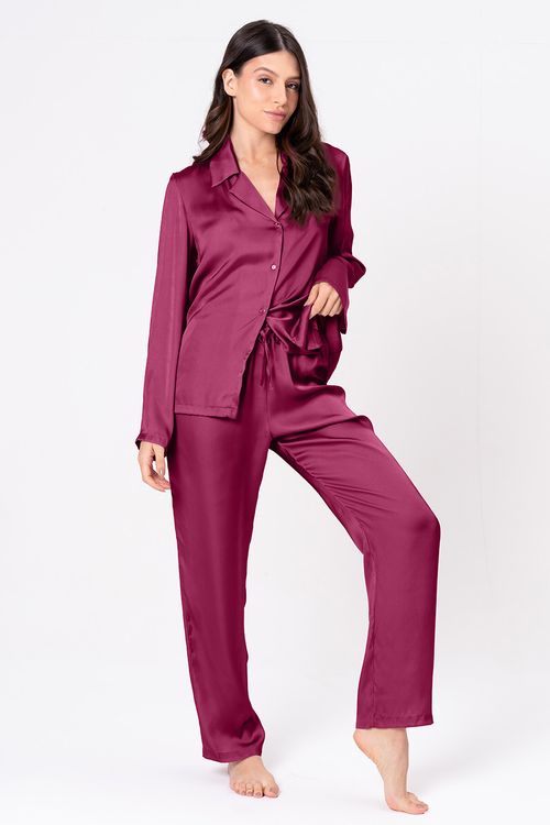 PIJAMA AMERICANO ACETINADO LONGO - CLÁSSICOS ACETINADOS ROSA RUBI