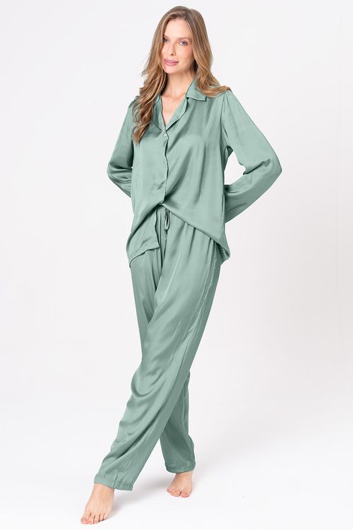 PIJAMA FEMININO AMERICANO ACETINADO LONGO - VERDE JADE