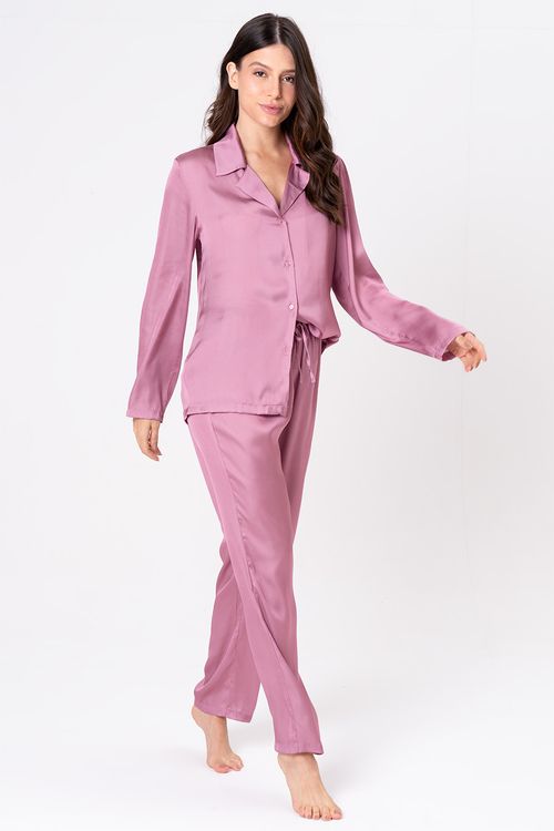 PIJAMA AMERICANO LONGO FEMININO - CLÁSSICOS ACETINADOS ROSA DIAMANTE