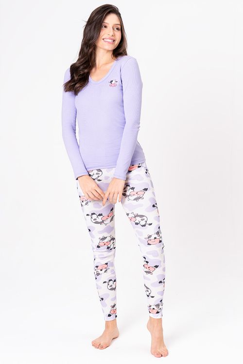 PIJAMA ESTAMPA DE VAQUINHA EM RIBANA FEMININO - COOKIES