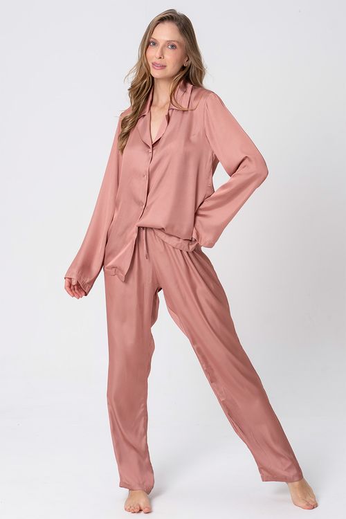 PIJAMA AMERICANO FEMININO LONGO - ACETINADO CARAMELO ÂMBAR