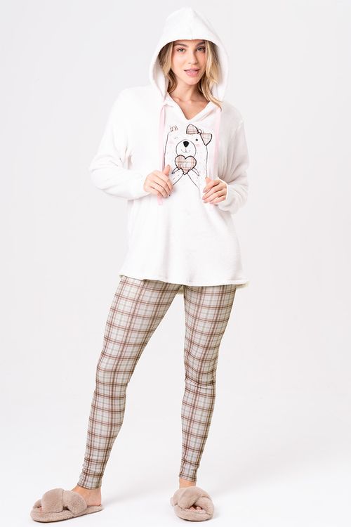 PIJAMA LONGO FEMININO XADREZ COM CAPUZ - MOCACCINO