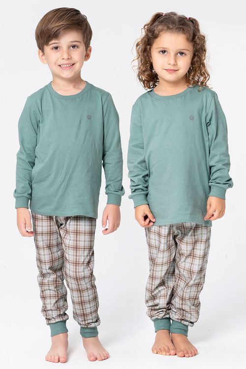 PIJAMA LONGO INFANTIL UNISSEX EM MALHA XADREZ - MOCACCINO