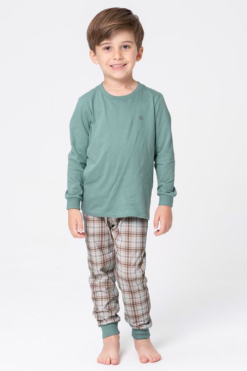 PIJAMA LONGO INFANTIL UNISSEX EM MALHA XADREZ - MOCACCINO