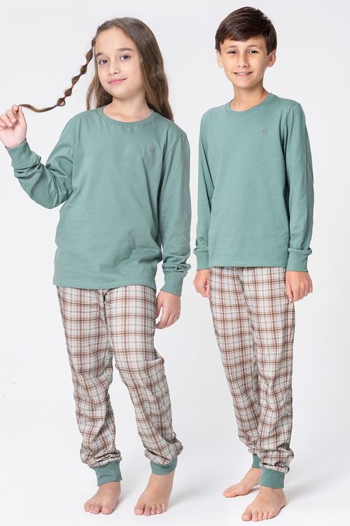 PIJAMA LONGO JUVENIL UNISSEX DE MALHA XADREZ - MOCACCINO
