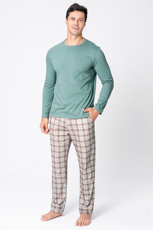 PIJAMA LONGO MASCULINO DE MALHA XADREZ - MOCACCINO