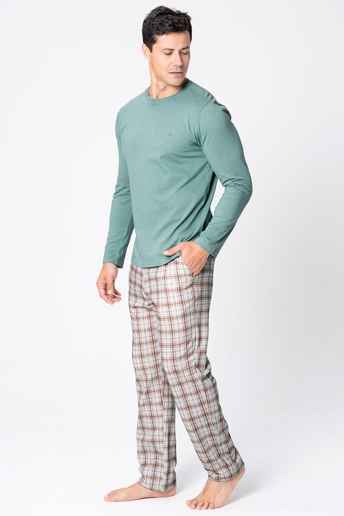 PIJAMA LONGO MASCULINO DE MALHA XADREZ - MOCACCINO