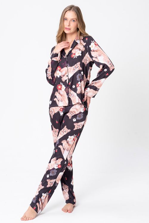 PIJAMA FEMININO AMERICANO ACETINADO - FELINE