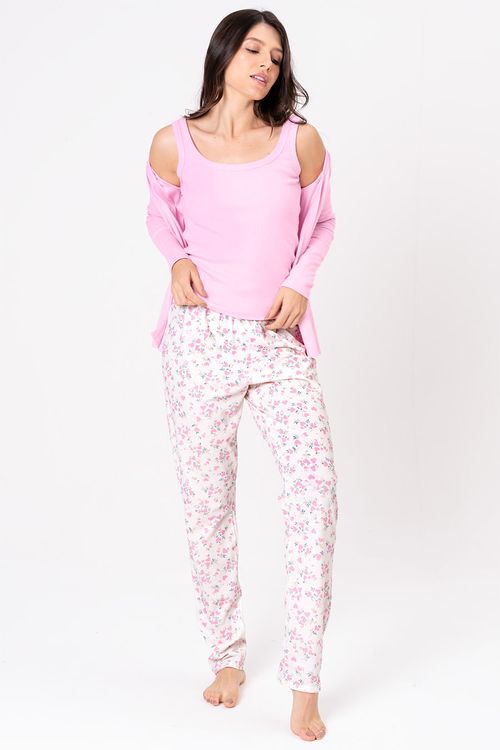 PIJAMA FEMININO 3 PEÇAS DE RIBANA - FLORAÇÃO